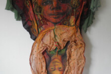 "Layered", fabric, acrylic, beads, thread, clay; 74 x 28 x 2"