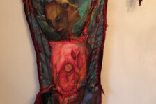 "Sumac", fabric, acrylic, found objects, 56 x 22 x 3"