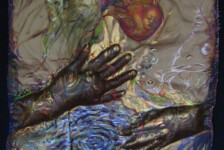 "My attempt at Mummy", acrylic and mixed media on fabric, 48 x 18 "