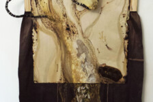 "My Sycamore tree", wood, thread, fabric, acrylic, pyrography; 60 x 28 x3"