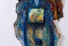 "Cut open blue", acrylic, fabric, beads, clay, 40 x 25 x3"