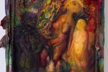 "Genetics", acrylic, fabric, mirrors, hair, 27 x 20"